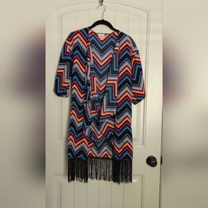 LuLaRoe Monroe Chevron Swim Coverup in Black, Coral, Teal & White with Fringe